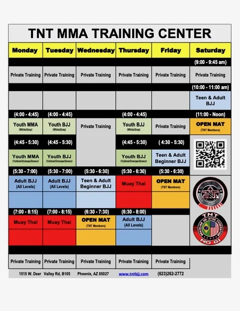TNT MMA Training Center 2026 weekly class schedule, Phoenix AZ: Youth BJJ, Youth MMA, Teen and Adult Beginner BJJ, Adult BJJ, Muay Thai, Open Mat